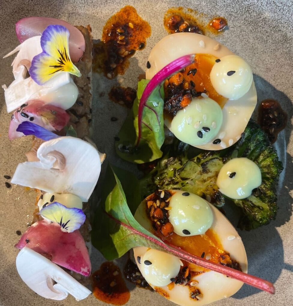 Mushrooms and Soya Cured Sourdough Toast, Soy Eggs, Charred Broccoli, Pickled Baby Radish, Black Garlic Chilli Oil
