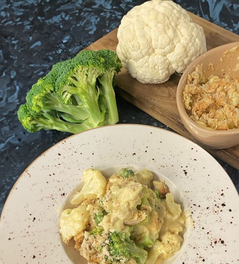 Eoin Sheehan’s Broccoli and cauliflower cheese with potatoes and crumb topping