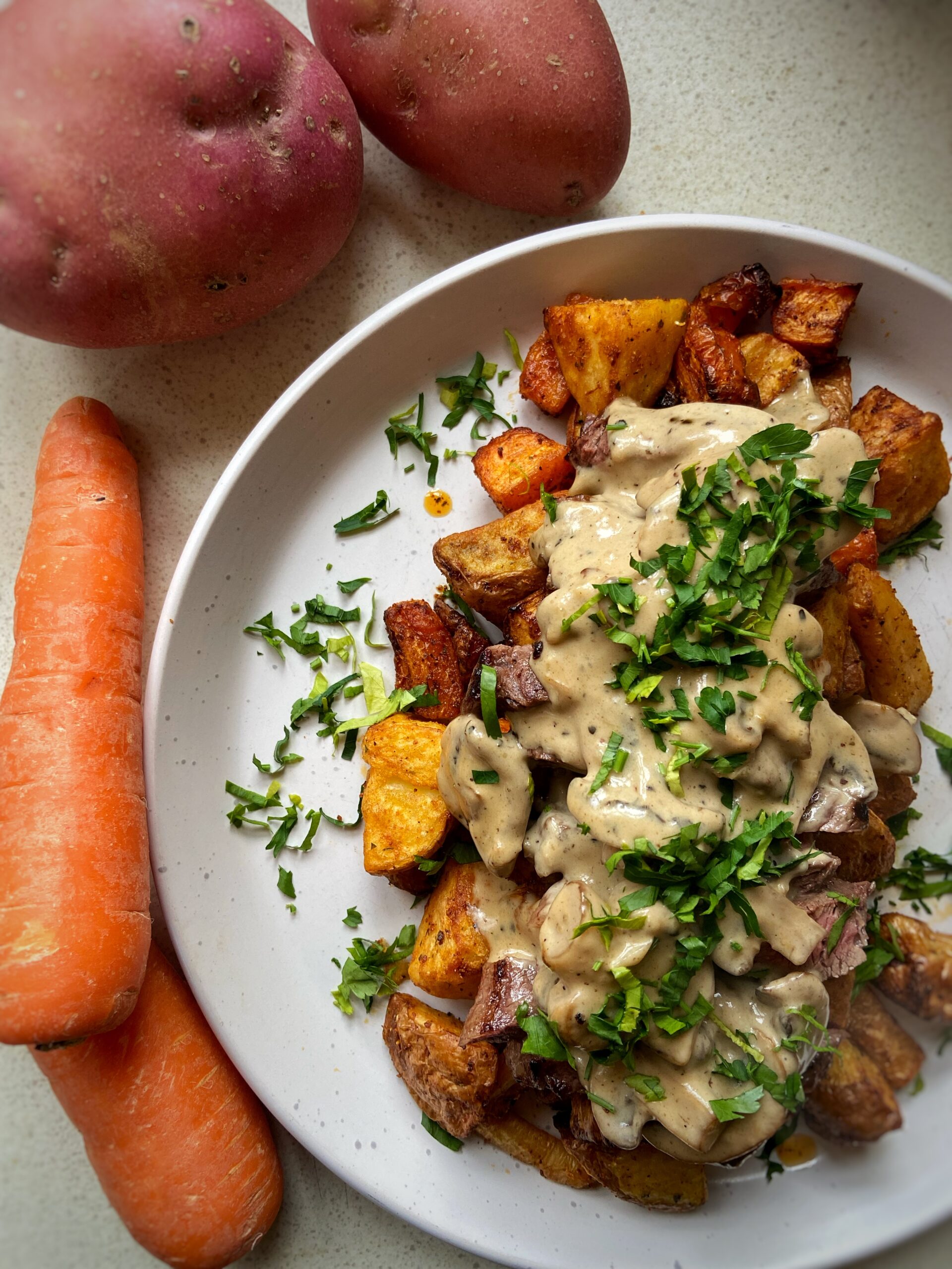 Eoin Sheehan’s roasted root veg with Mushroom & Peppercorn Sauce