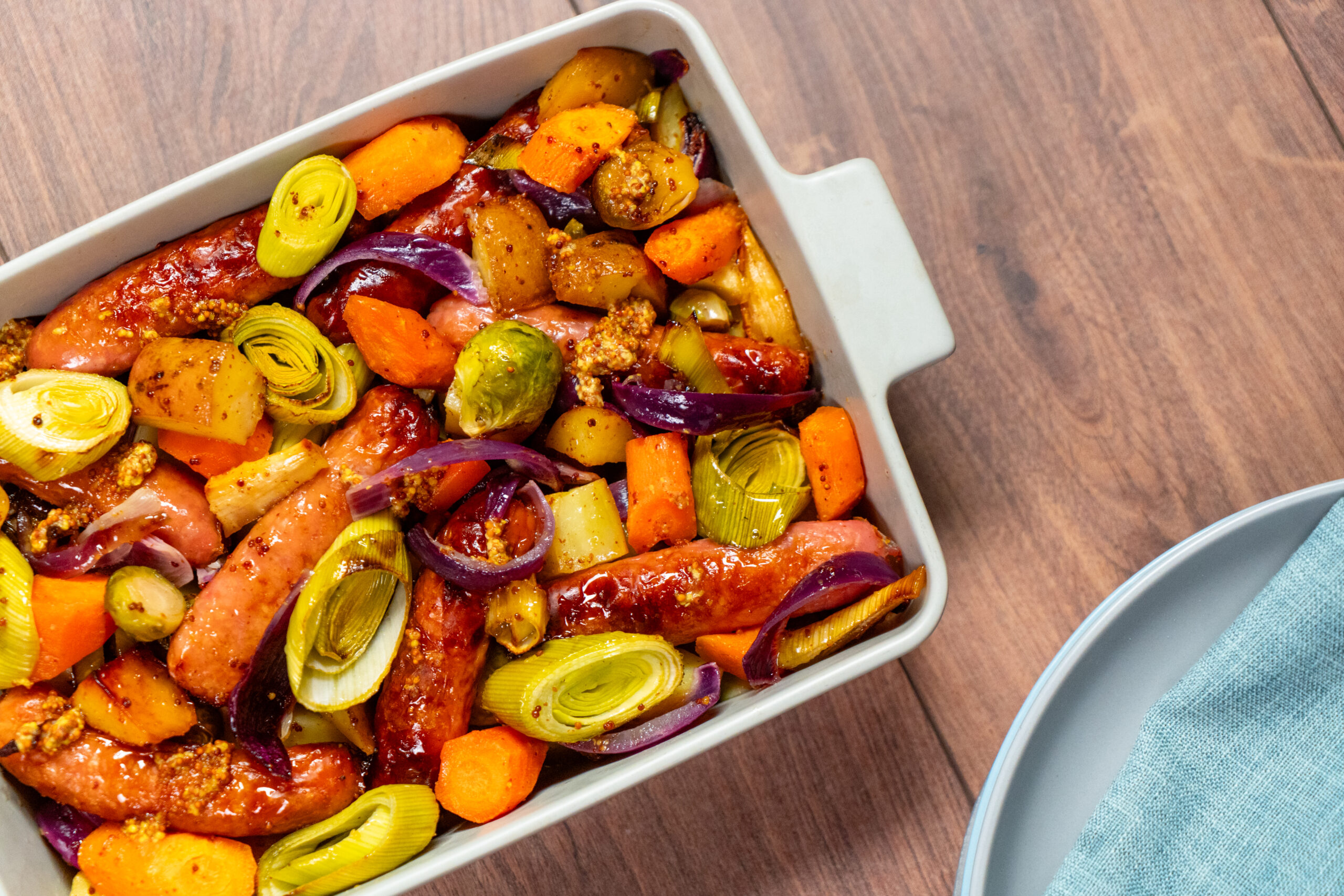 ROOT VEGETABLE AND HONEY MUSTARD SAUSAGE BAKE